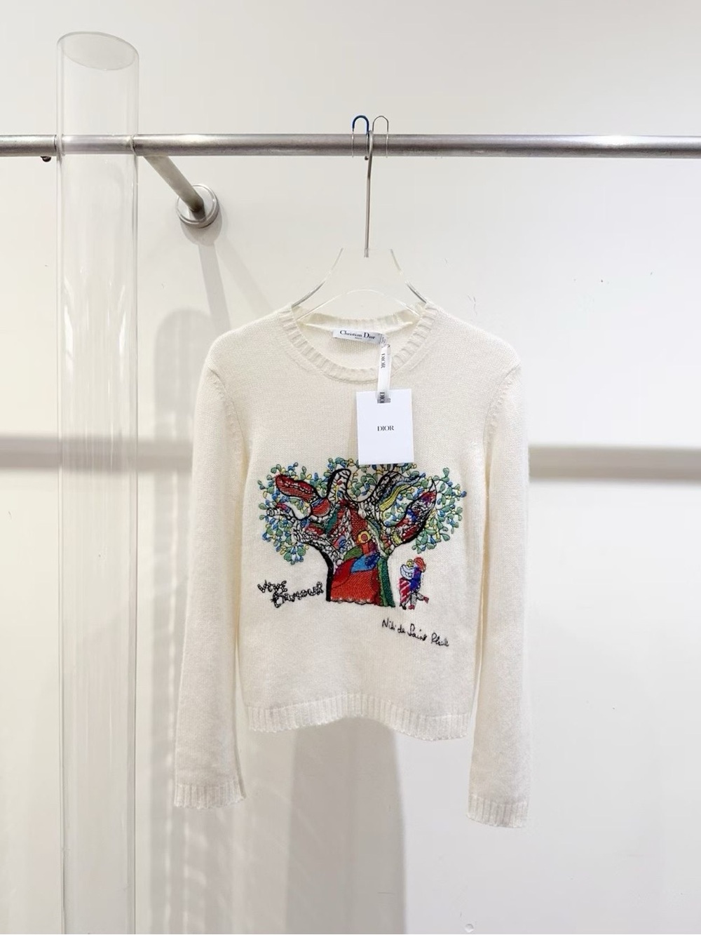 Dior Cream Crewneck Sweater with Multicolor Tree Embroidery